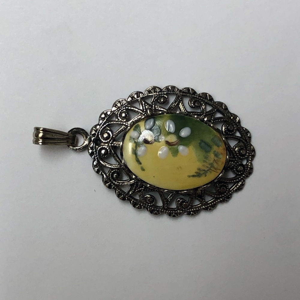 Vintage Pendant, Silver & Porcelain?, Hand Painted Floral Design Estate Jewelry